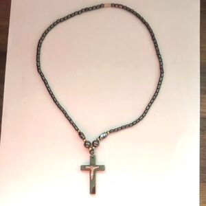 Vintage Hematite Beaded Crucifix Necklace